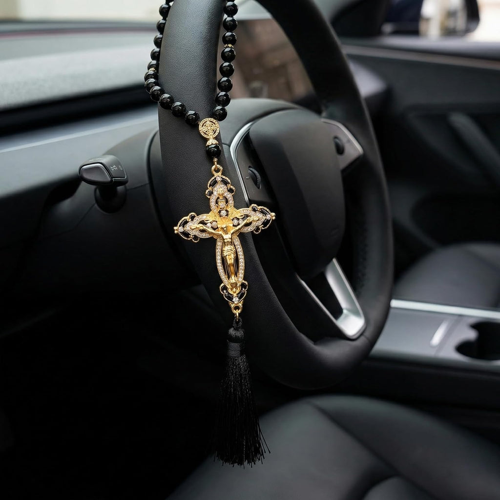 Catholic Car Rosary for Rearview Mirror, Black 40-Bead Rosary with Saint Benedict Cross, Cross for Car Mirror