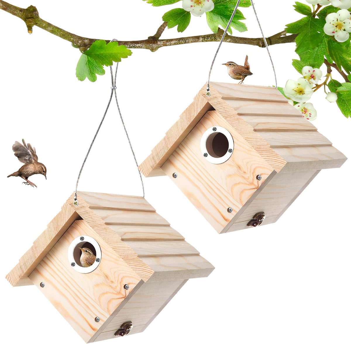 2 Pack Wren House, 1-1/8'' Entrance Hole Hanging Wooden Wren Bird Houses for Outside with Metal Guard, Air Vents