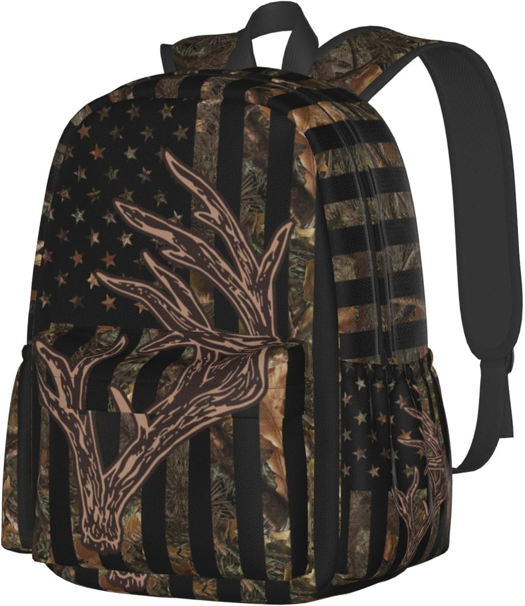 Camo Hunting Backpack USA Flag Deer School Bag Lightweight Bookbag Casual Daypack for Girls Boys Kids Women Men