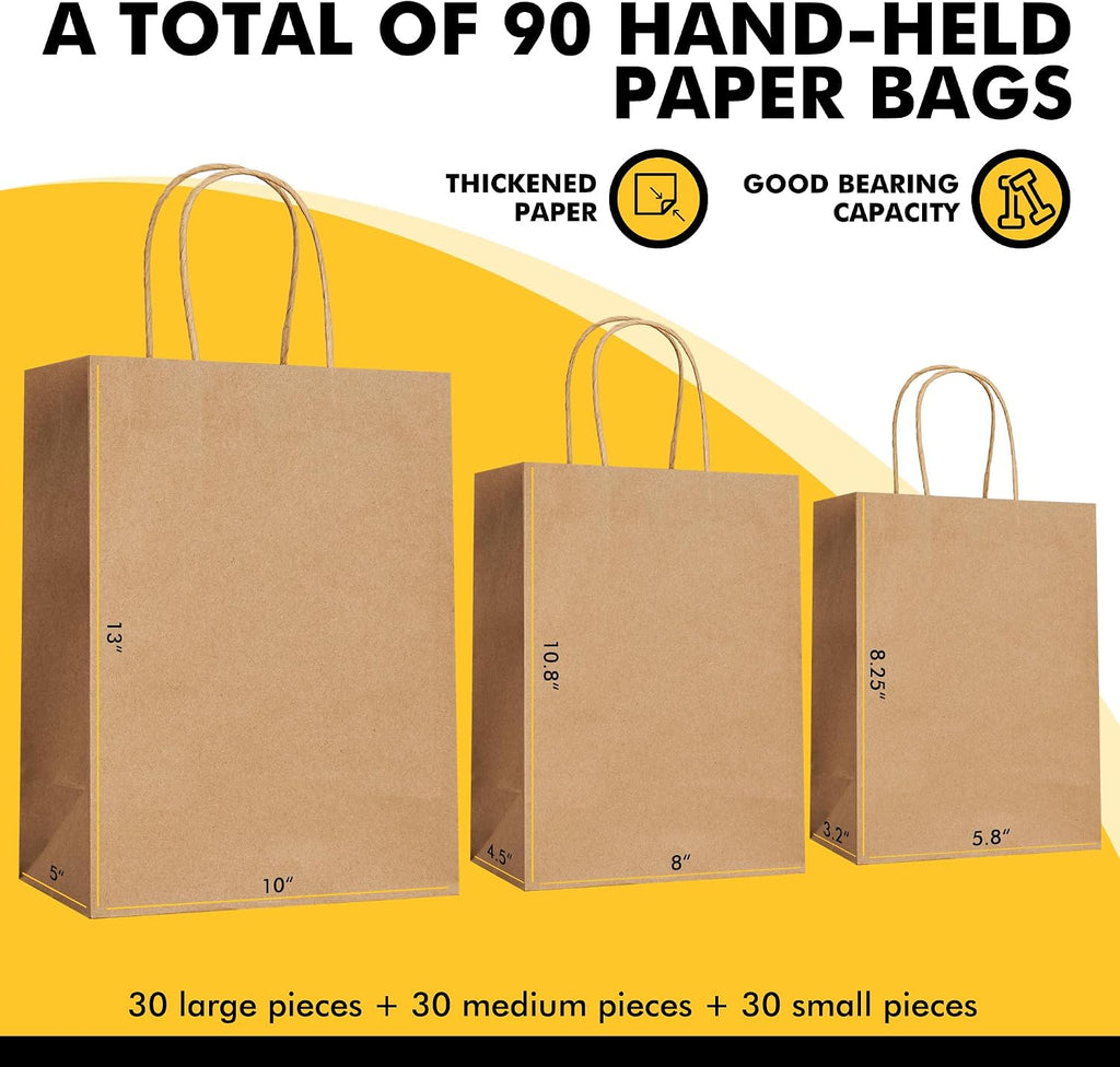 Brown Kraft Paper Gift Bags 90 Pack 3 Sizes with Handles Bulk
