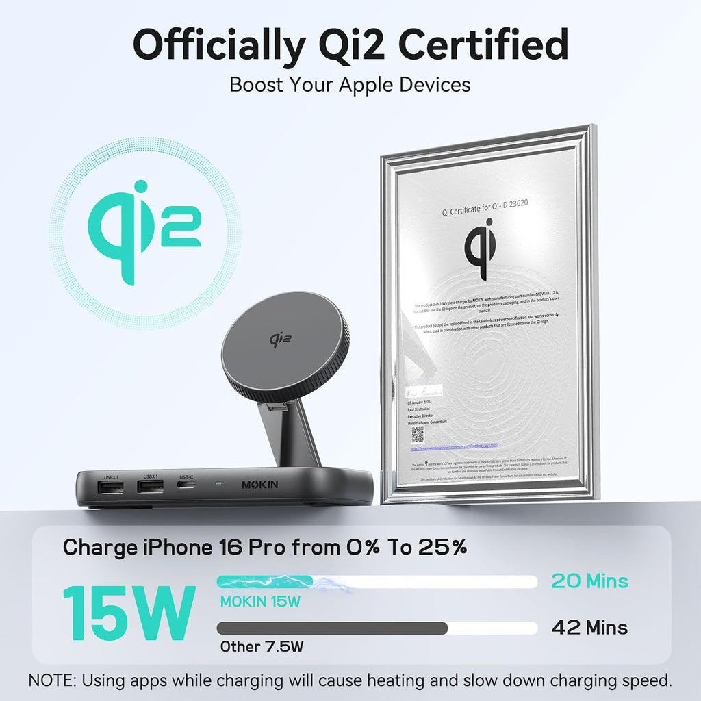 USB C Hub 15W Wireless Charger, Qi2 Certified Magsafe Charging Stand with 4K@60Hz HDMI, 100W PD, 10Gbps USB C/A, and