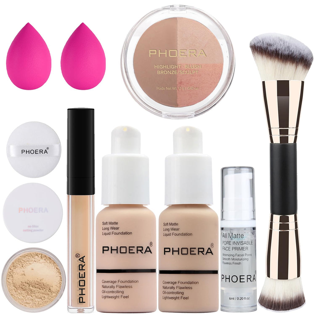 PHOERA Foundation, PHOERA Contour Palette,Shades with Highlighter & Bronzer & Blush,Up to 24 Hour Fresh Wear,PHOERA