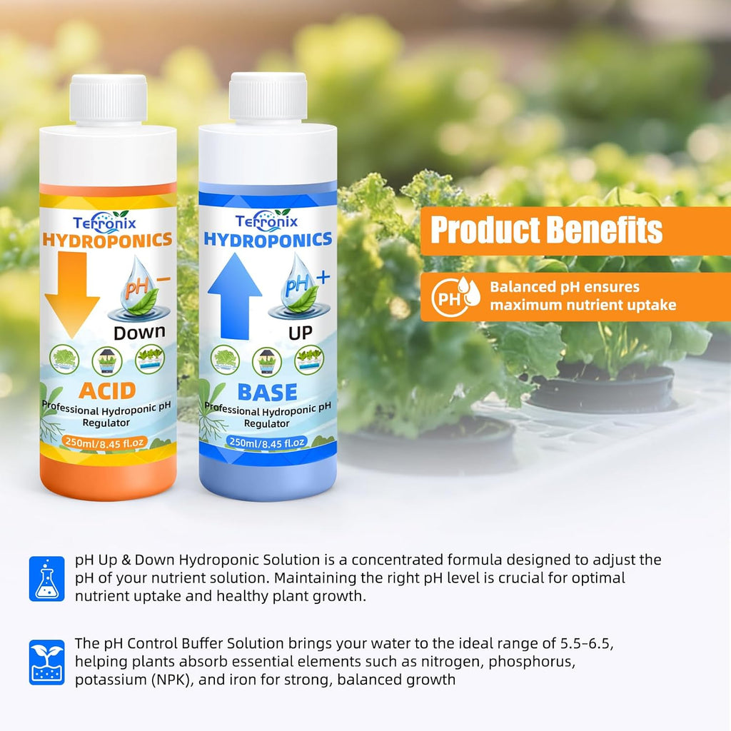 pH Down & pH Up for Hydroponics, pH Control Kit for Hydroponic Nutrients – 250ml pH Down and 250ml pH Up with 2×50ml