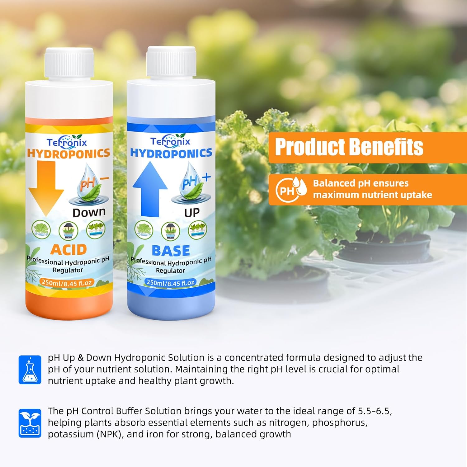 pH Down & pH Up for Hydroponics, pH Control Kit for Hydroponic Nutrients – 250ml pH Down and 250ml pH Up with 2×50ml