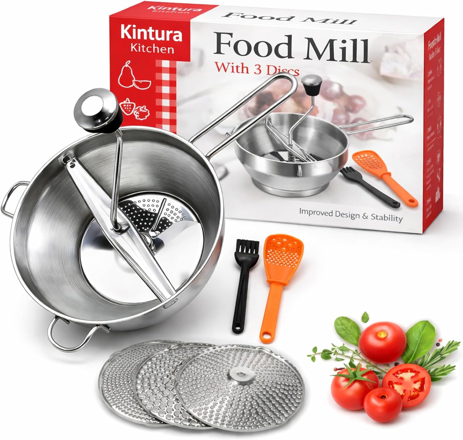 Stainless Steel Food Mill with 3 Milling Discs, Rotary Hand Crank with Silicone Handle, Ergonomic Design for Tomato