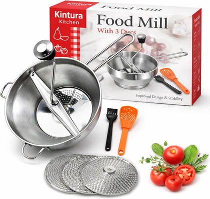 Stainless Steel Food Mill with 3 Milling Discs, Rotary Hand Crank with Silicone Handle, Ergonomic Design for Tomato