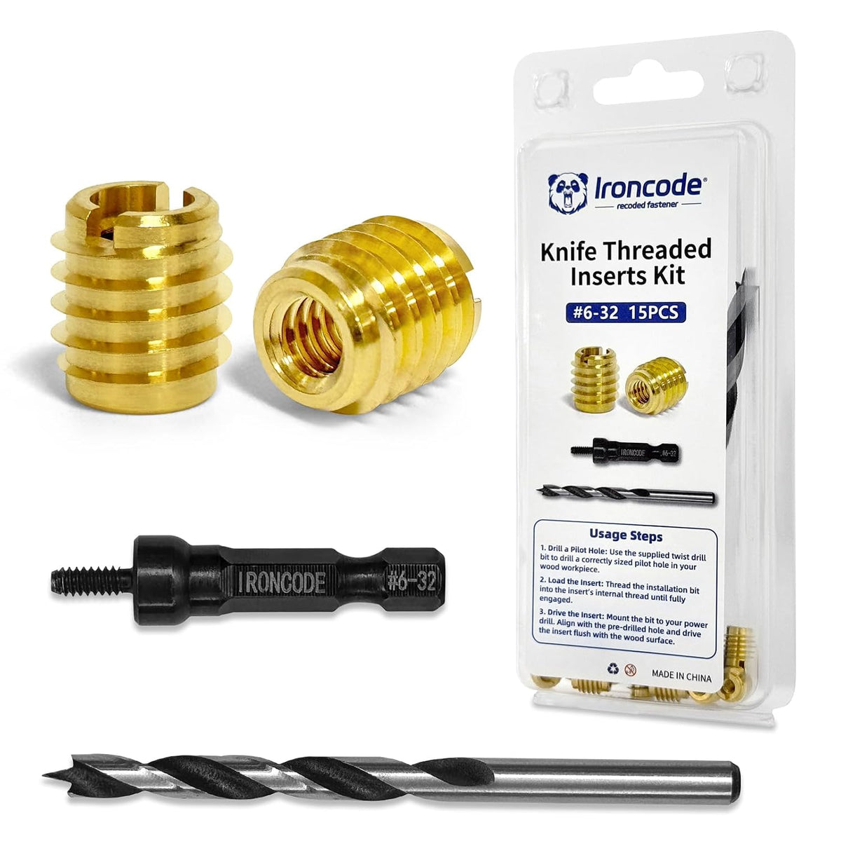 Threaded Inserts for Wood, Installation Kit, Brass, Includes #6-32 Knife Thread Inserts (15pcs), Drill, Installation Tool