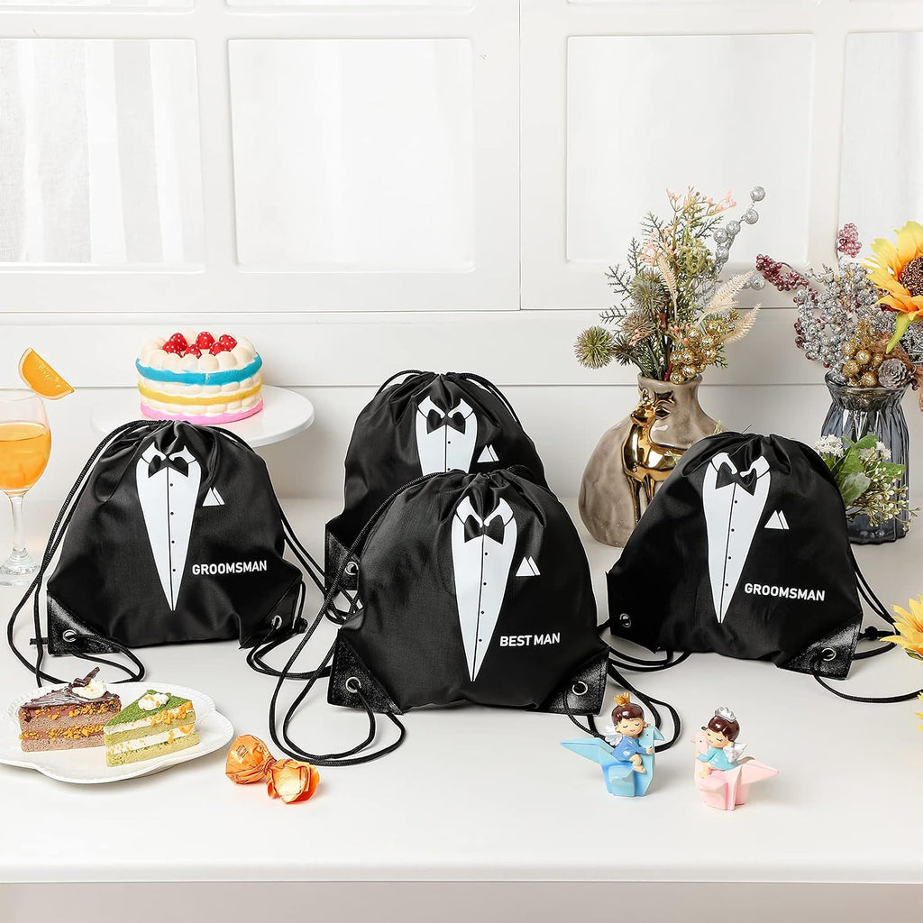 7 Pack Groomsmen Gift Bags Drawstring, 9x9.9 Black Tuxedo Print