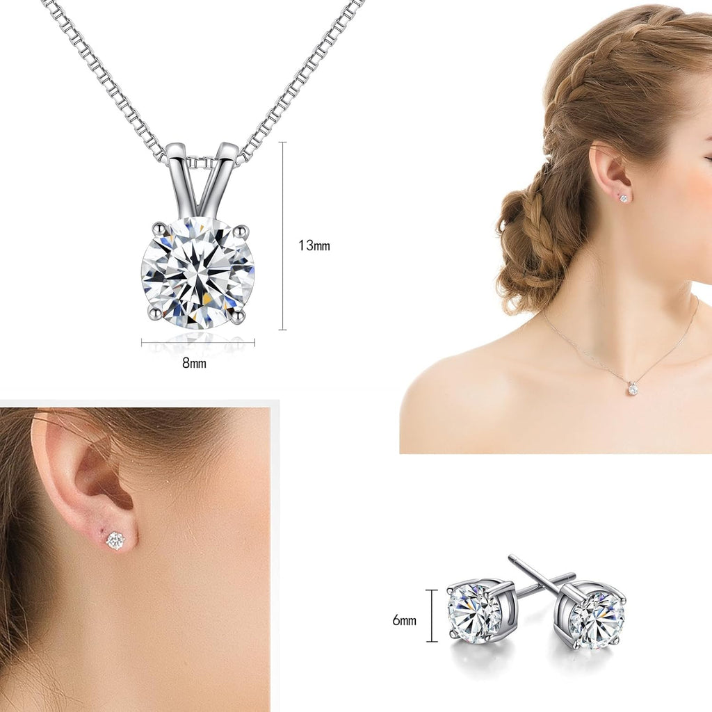 Dainty Solitaire Necklaces Stud Earrings Set For Women,White Gold Plated Simple Prom Jewelry Set Cubic Zirconia