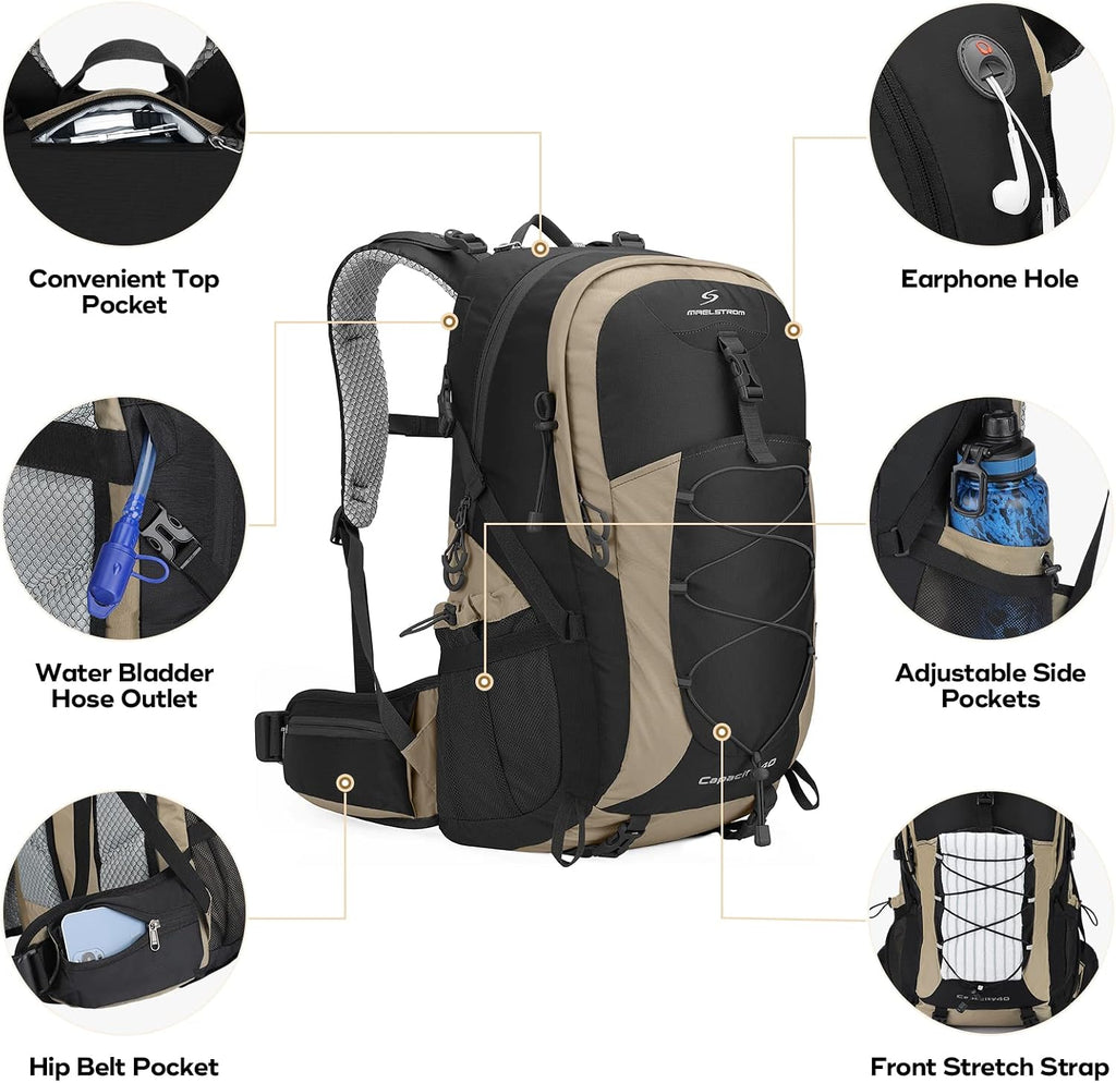 40L Hiking Backpack, Lightweight Camping Daypack with Rain Cover | Water-Resistant Rip-Stop Nylon, Wet/Dry