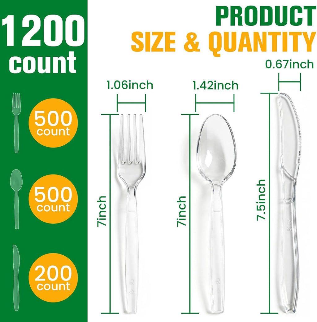 1200 Count Plastic Silverware Heavy Duty, 500 Forks, 500 Spoons, 200 Knives
