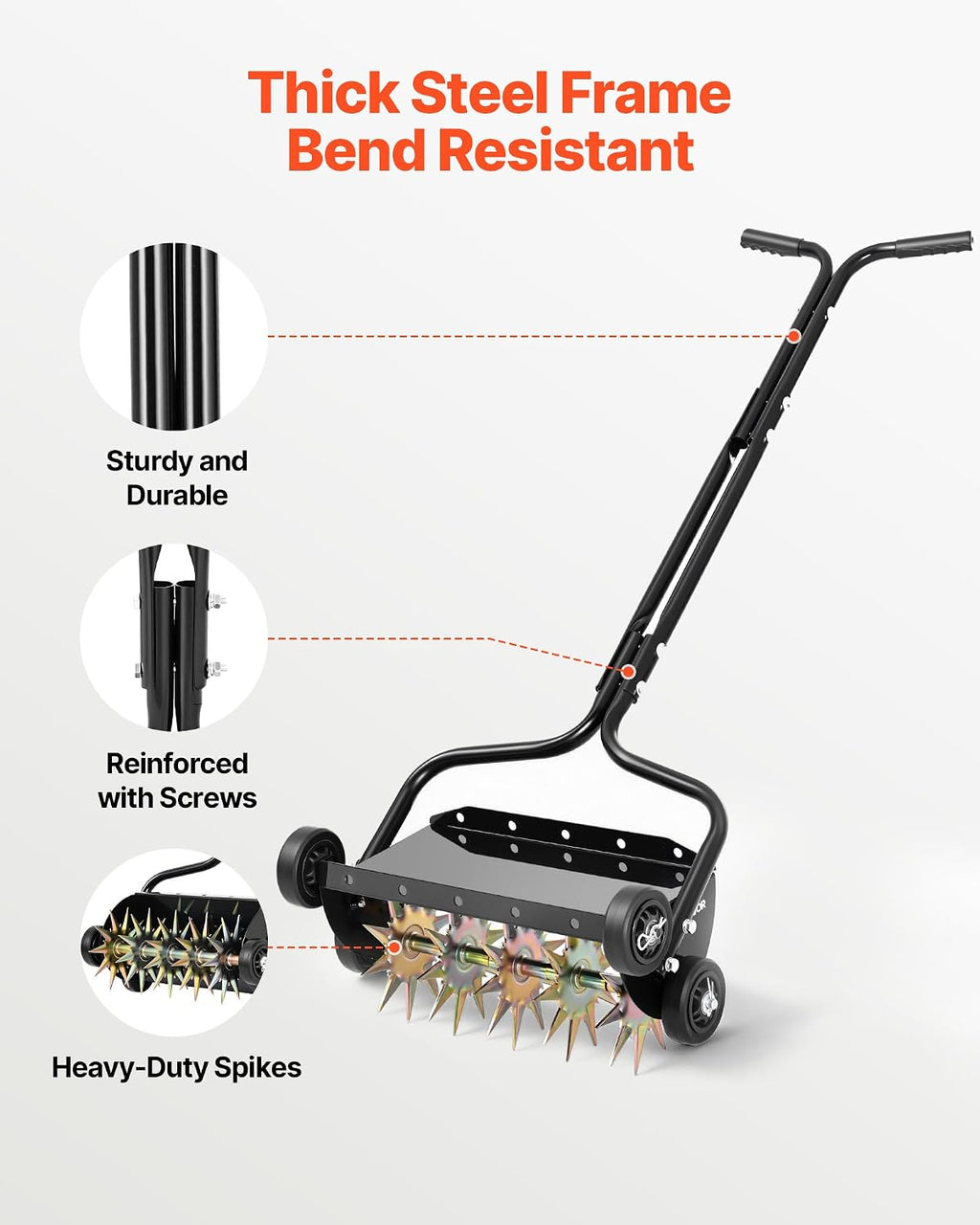 Lawn Aerator, 18 in Manual Push Spike Aerator with 4 Wheels & Handle, Heavy Duty Grass Aerators, Supports 40 lbs