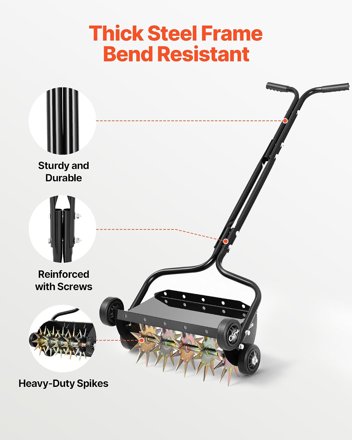 Lawn Aerator, 18 in Manual Push Spike Aerator with 4 Wheels & Handle, Heavy Duty Grass Aerators, Supports 40 lbs