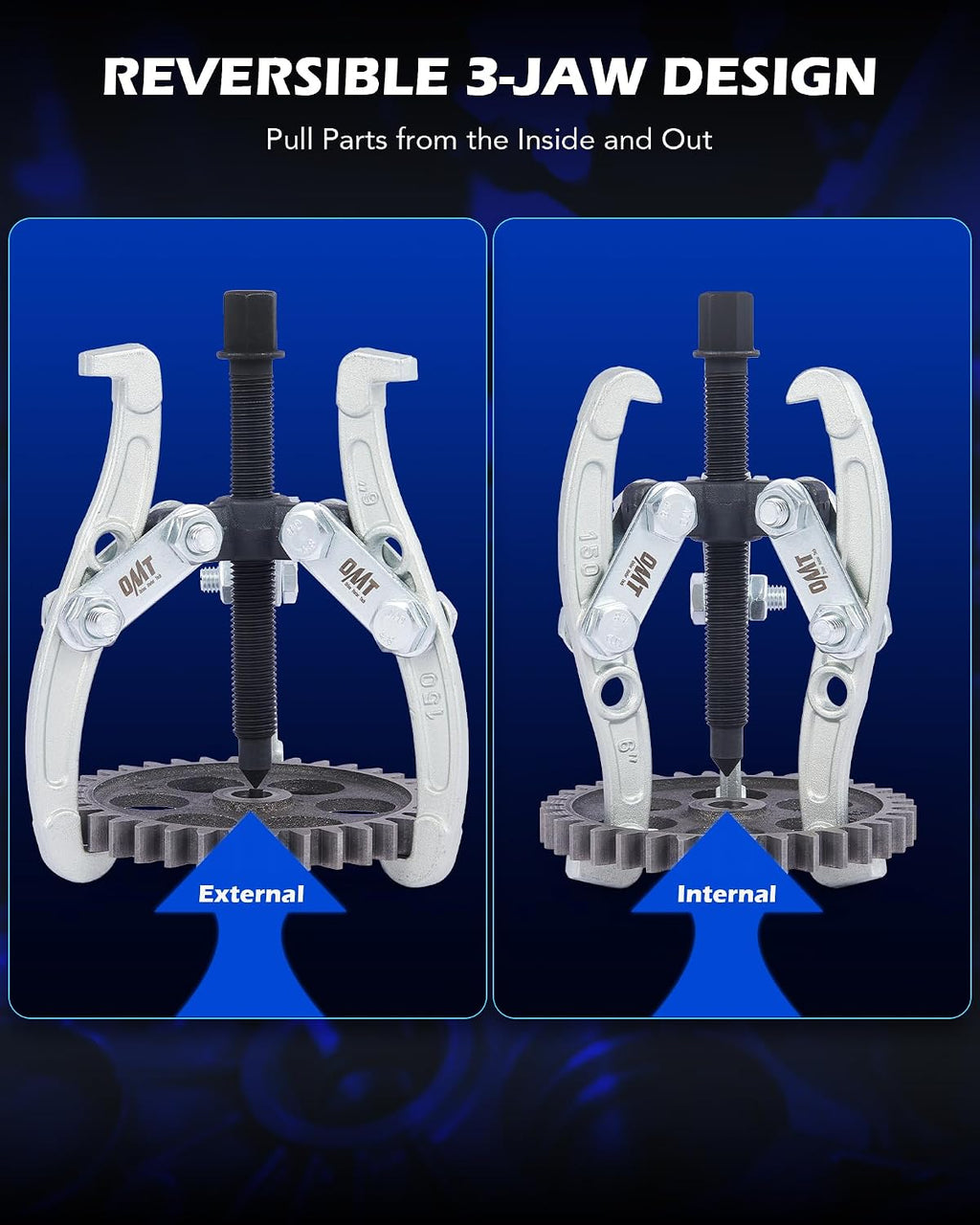 OMT 3" 4" 6" 8" Gear Puller Set, 3 Jaw Puller with Reversible Jaws