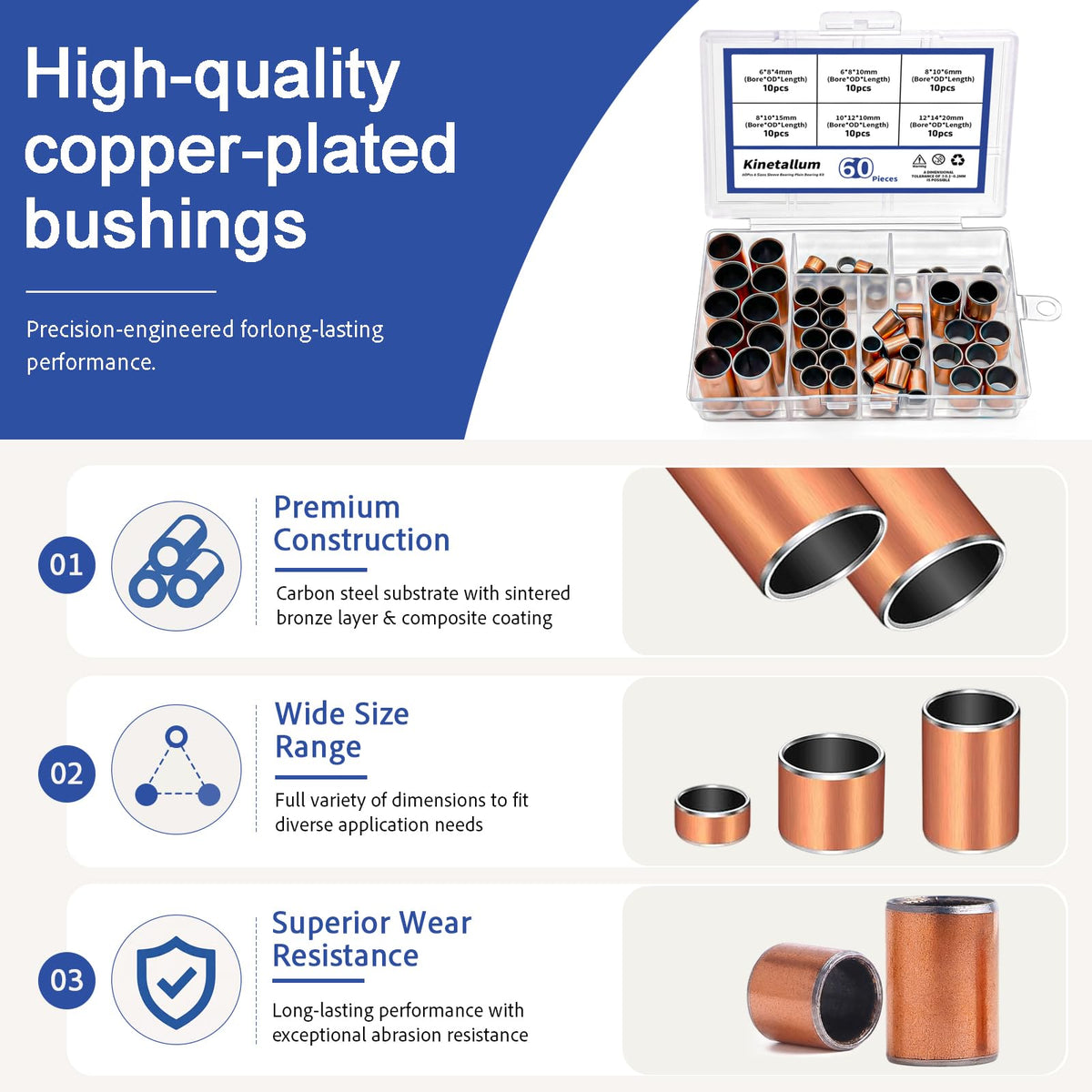 Bronze Sleeve Bearing Kit 60Pcs 6 Sizes Self-Lubricating Bushings Set