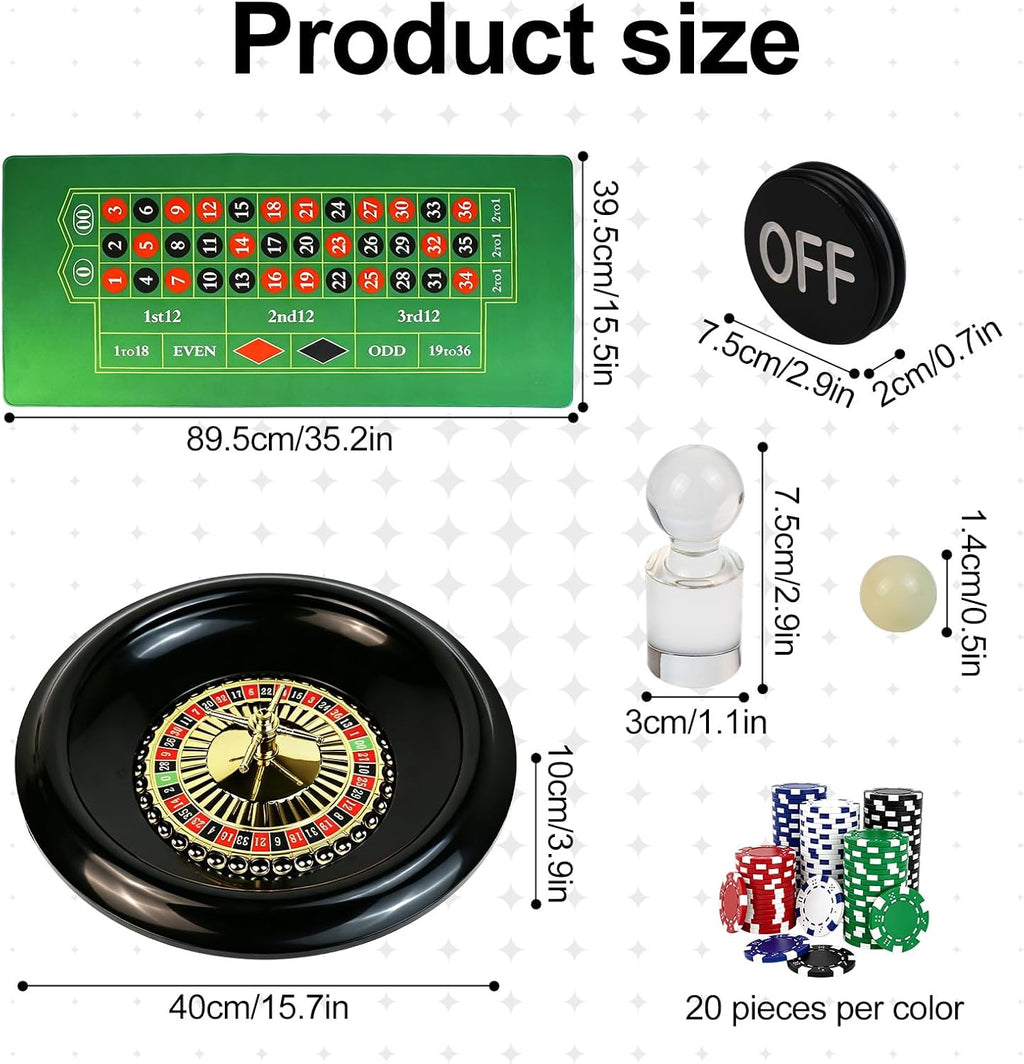 Casino Night Complete Game Set Include 16'' Green Roulette Wheel 35" X 16" Rubber Tabletop Layout Mat, 100 Chips