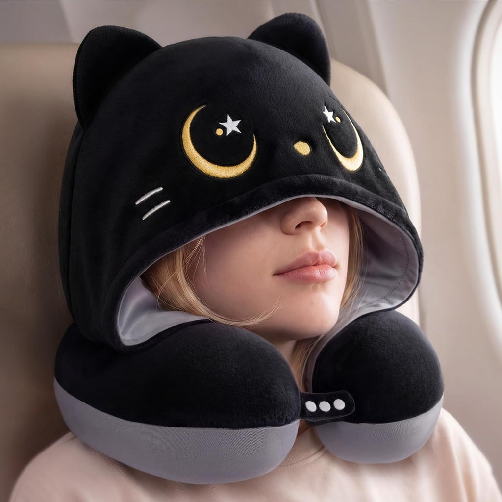 Travel Neck Pillow with Hood for Airplanes,Memory Foam,Breathable Ice Silk & Soft Velvet,Double-Sided,Removable to