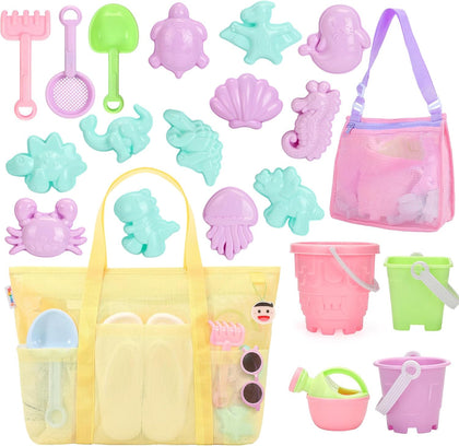 Beach Toys for Kids and Mesh Beach Bag with Zipper, Large Beach Tote with 8 Pockets, Sand Toys Storage Pool Bag Beach
