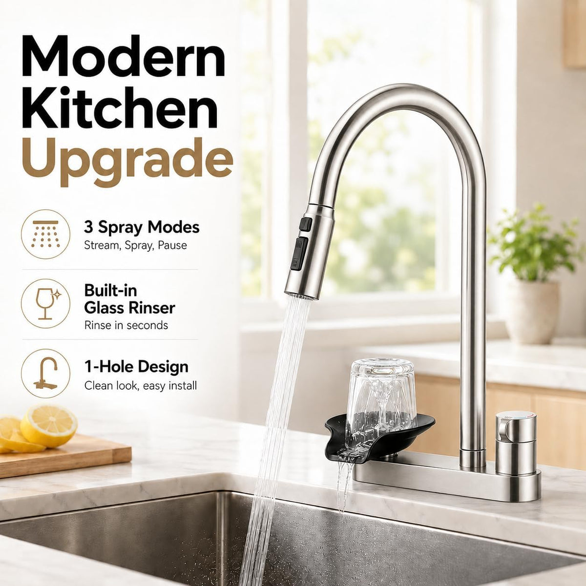 Kitchen Faucet with Pull Down Sprayer, Glass Rinser, Brushed Nickel