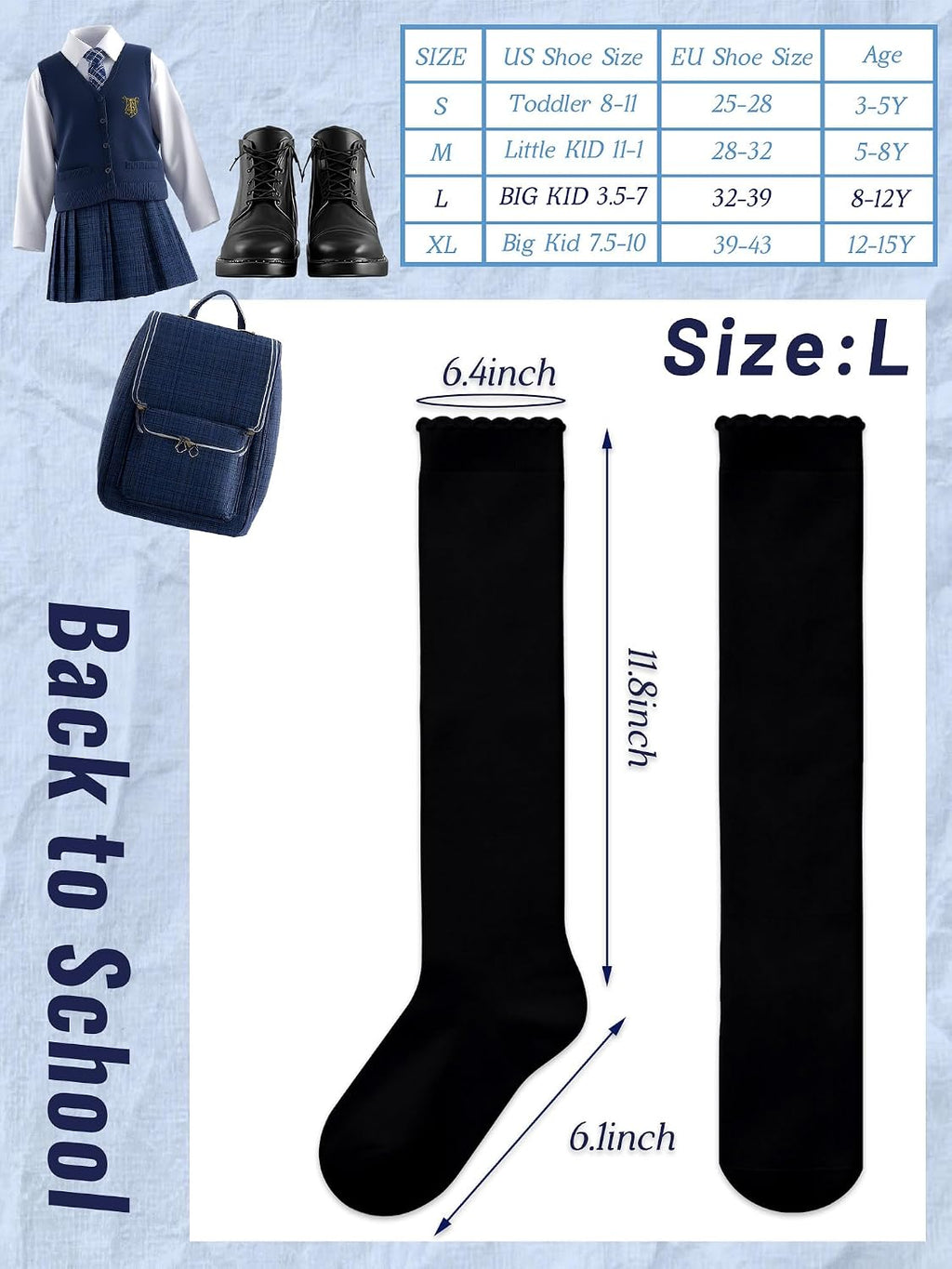 6 Pack Ruffle Knee High Socks School Uniform Dress Scallop Socks Seamless Cotton for Girls Black White Navy Blue