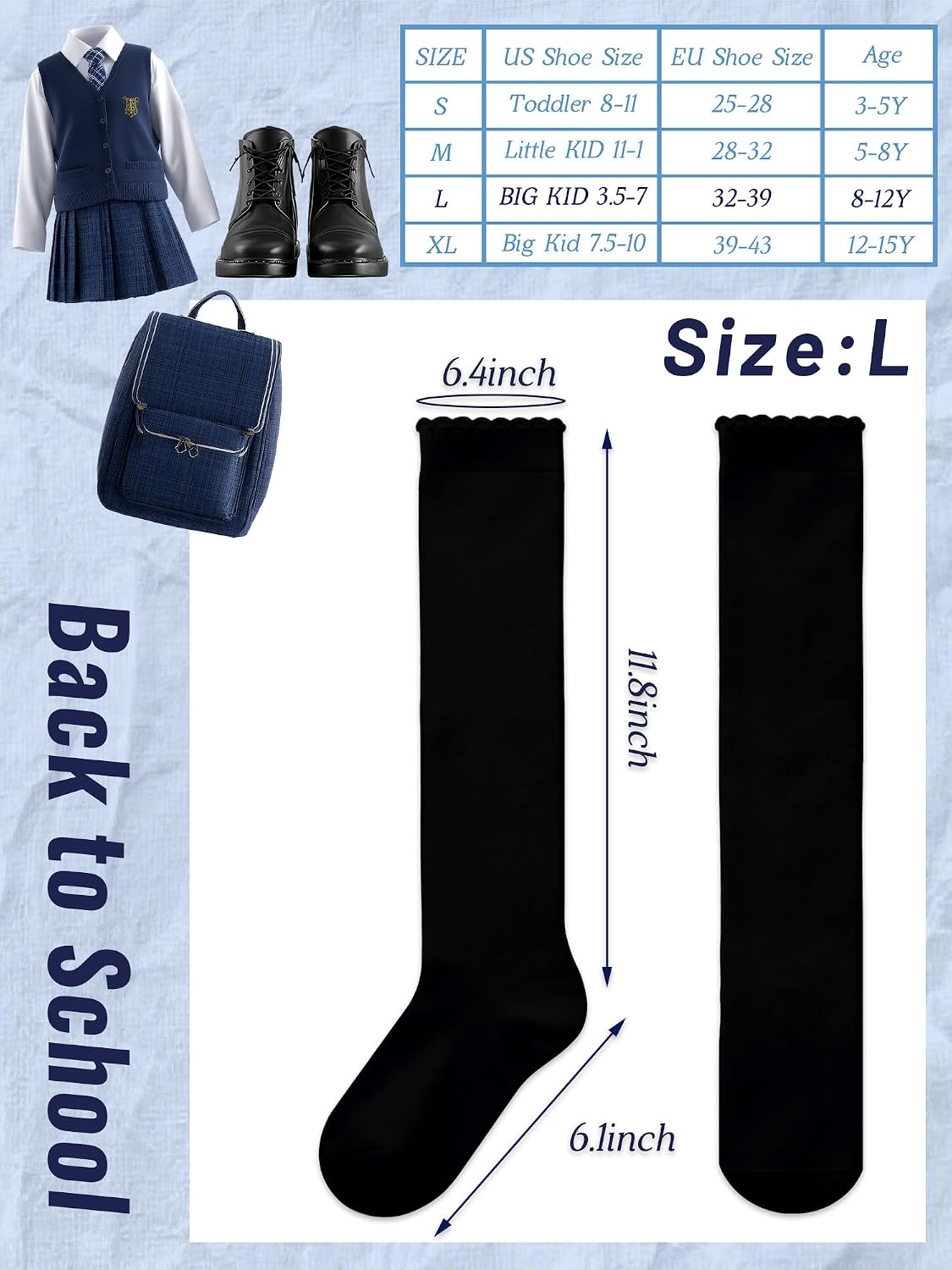 6 Pack Ruffle Knee High Socks School Uniform Dress Scallop Socks Seamless Cotton for Girls Black White Navy Blue