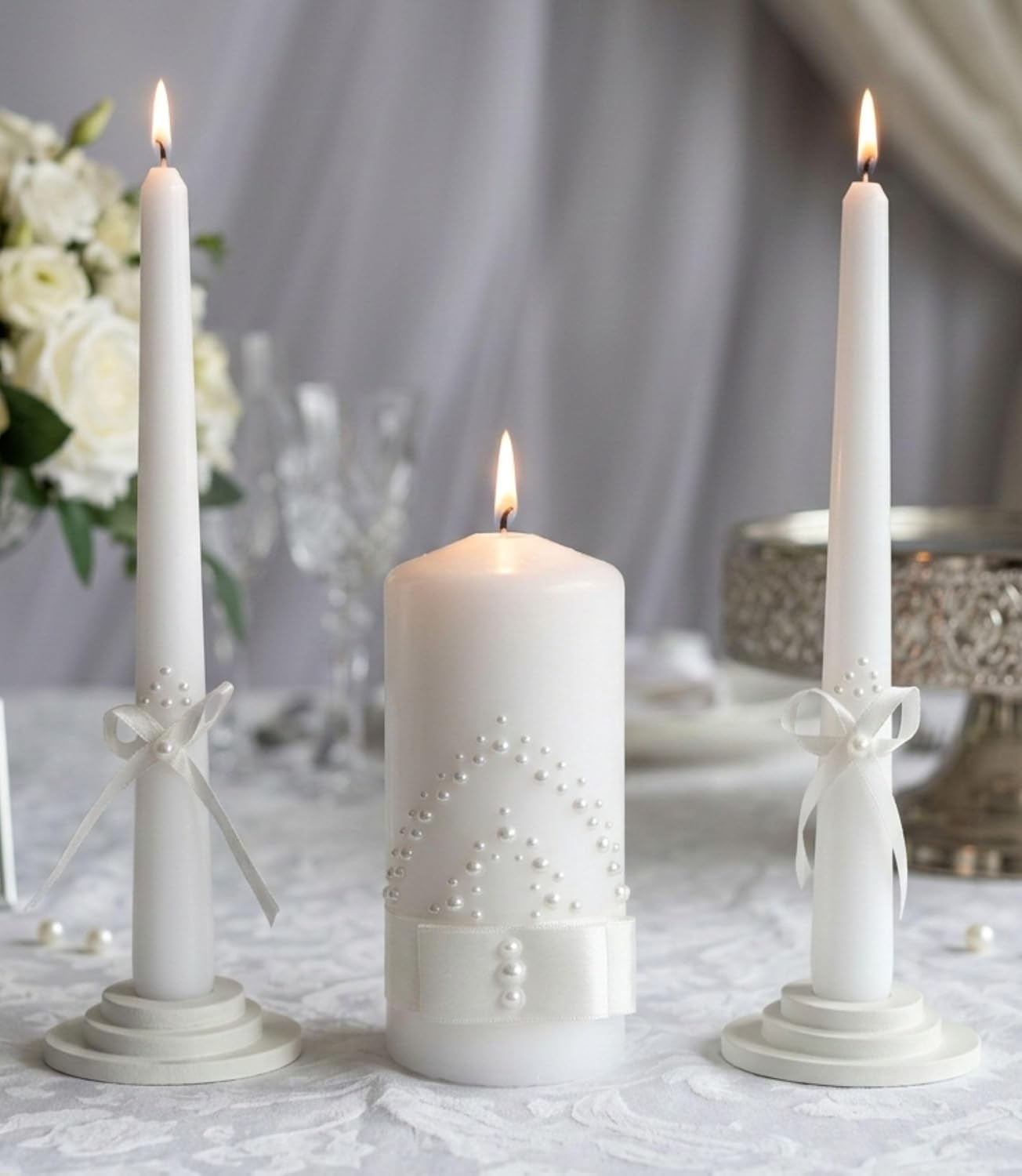 Pearl Promise Unity Candle Set for Wedding Ceremony Handmade White 6" Pillar & 2 Taper 10" Candles with Pearl Ribbon
