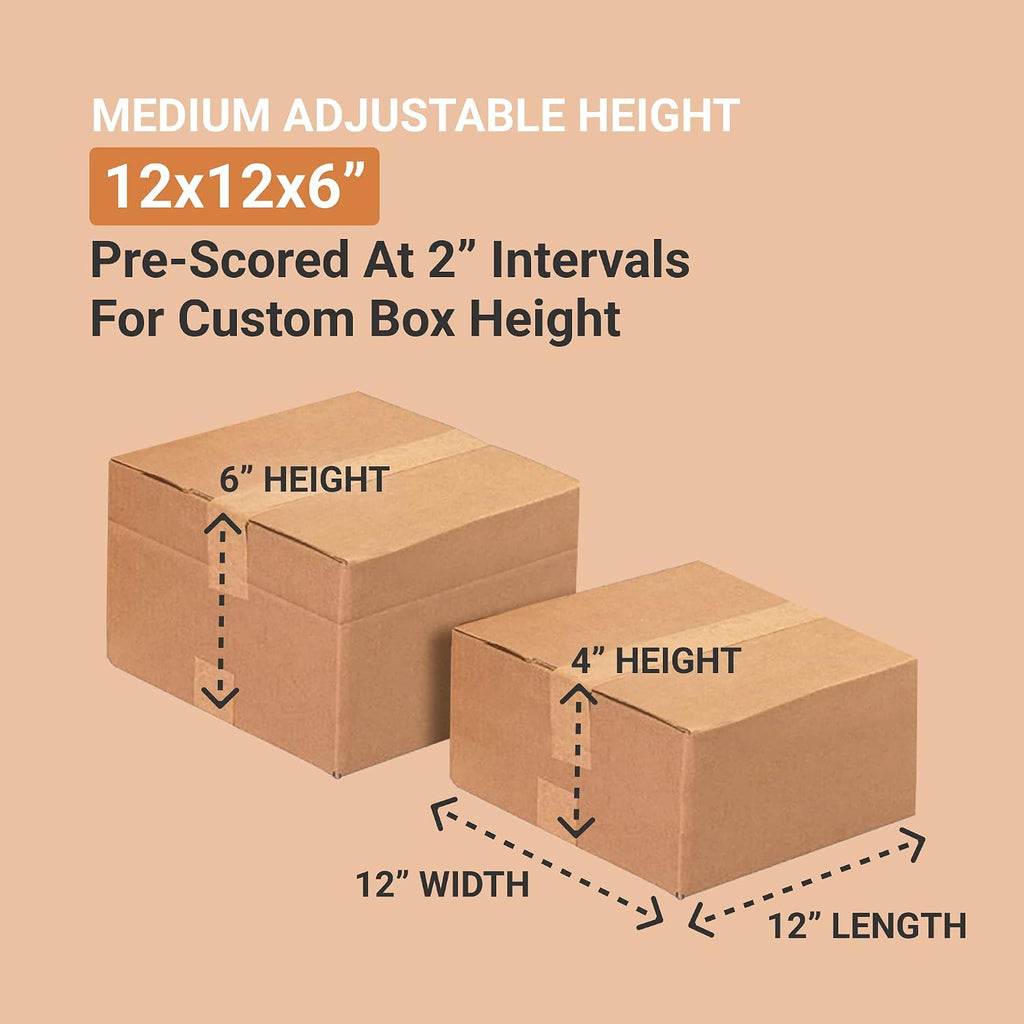 Multi-Depth Shipping Boxes Medium 12"L x 12"W x 6"H 25-Pack - Corrugated Cardboard Box for Moving, Mailing, Packing