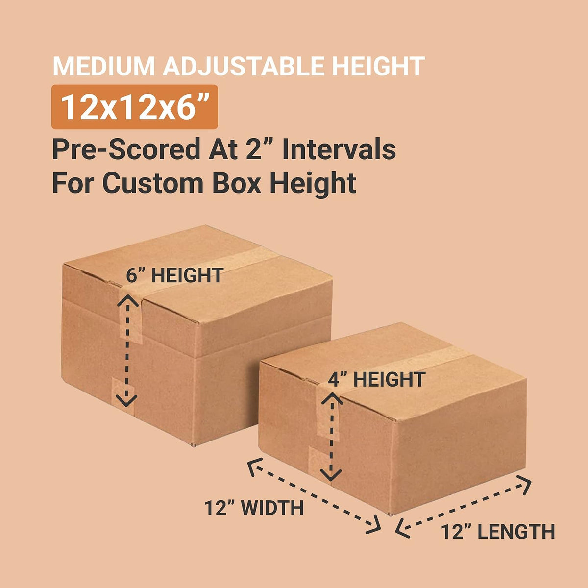 Multi-Depth Shipping Boxes Medium 12"L x 12"W x 6"H 25-Pack - Corrugated Cardboard Box for Moving, Mailing, Packing