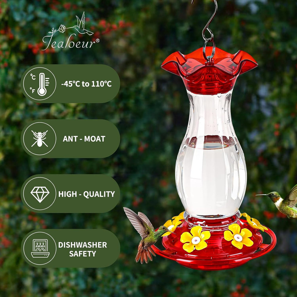 Hummingbird Feeder for Outdoors Hanging, 18 OZ Humming Birds Feeders with 6 Bee Guard Feeding Ports & Built-in Ant