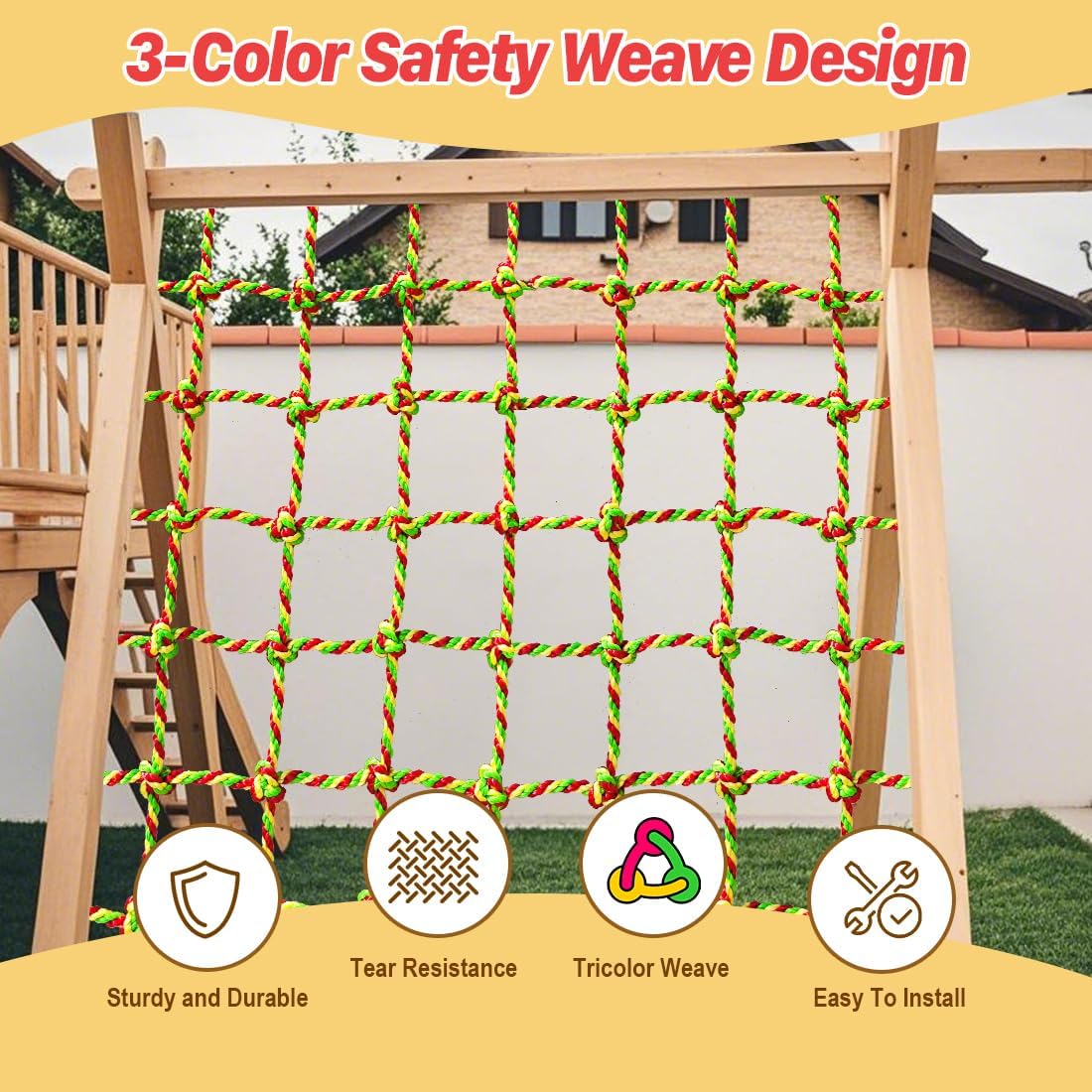 Climbing Net, 6.6ft X 6.6ft Polyester Climbing Cargo Net for Kids Outdoor, Heavy Duty Large Military Playground