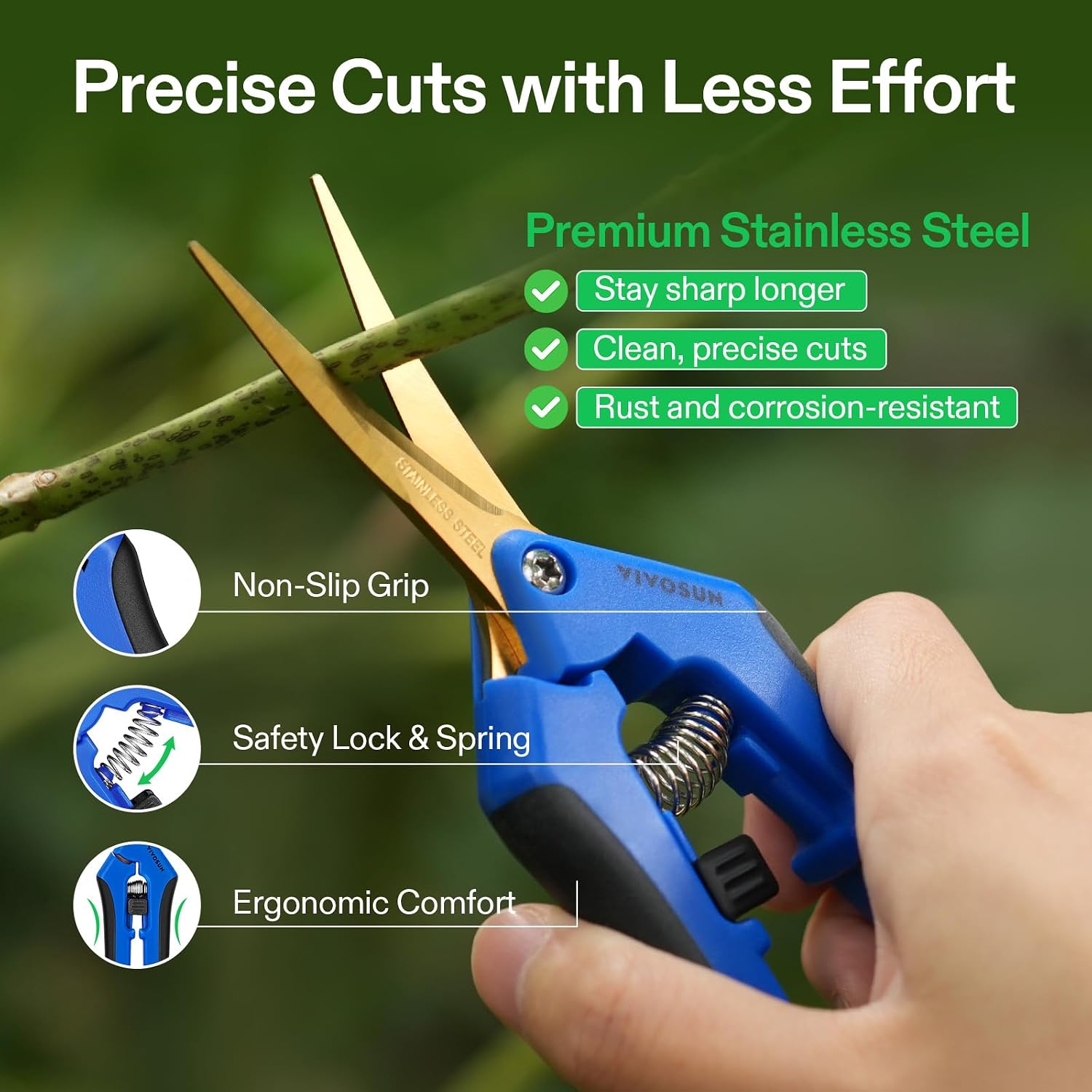 6.5 Inch Garden Scissors, Blue Pruning Shears for Plants, 2-Pack | Curved Precision Stainless Steel Blades, Comfort