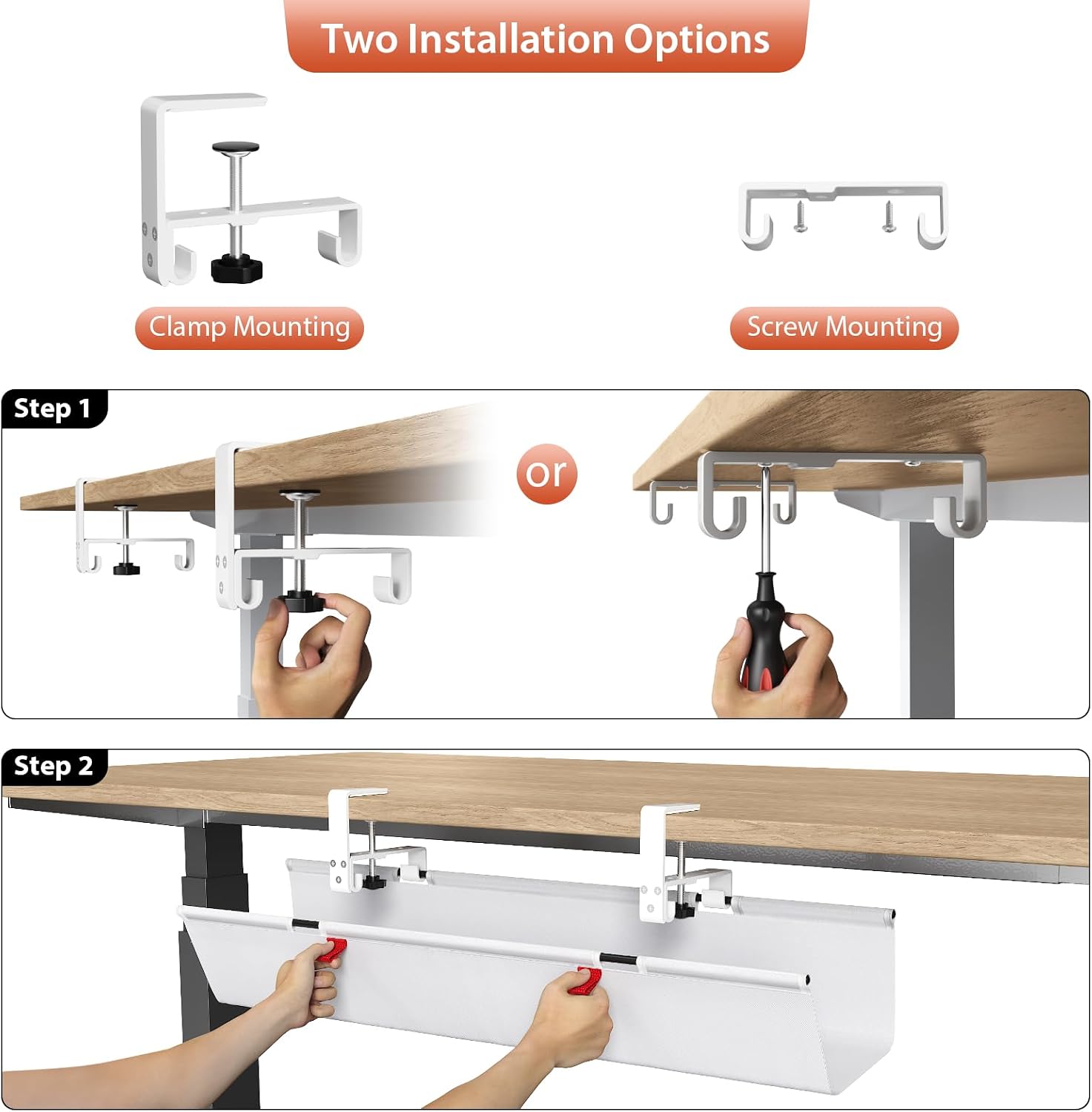 No Drill Under Desk Cable Management Tray, 28 inch Cable Management | Clamp/Screw Mount Cable Management Desk