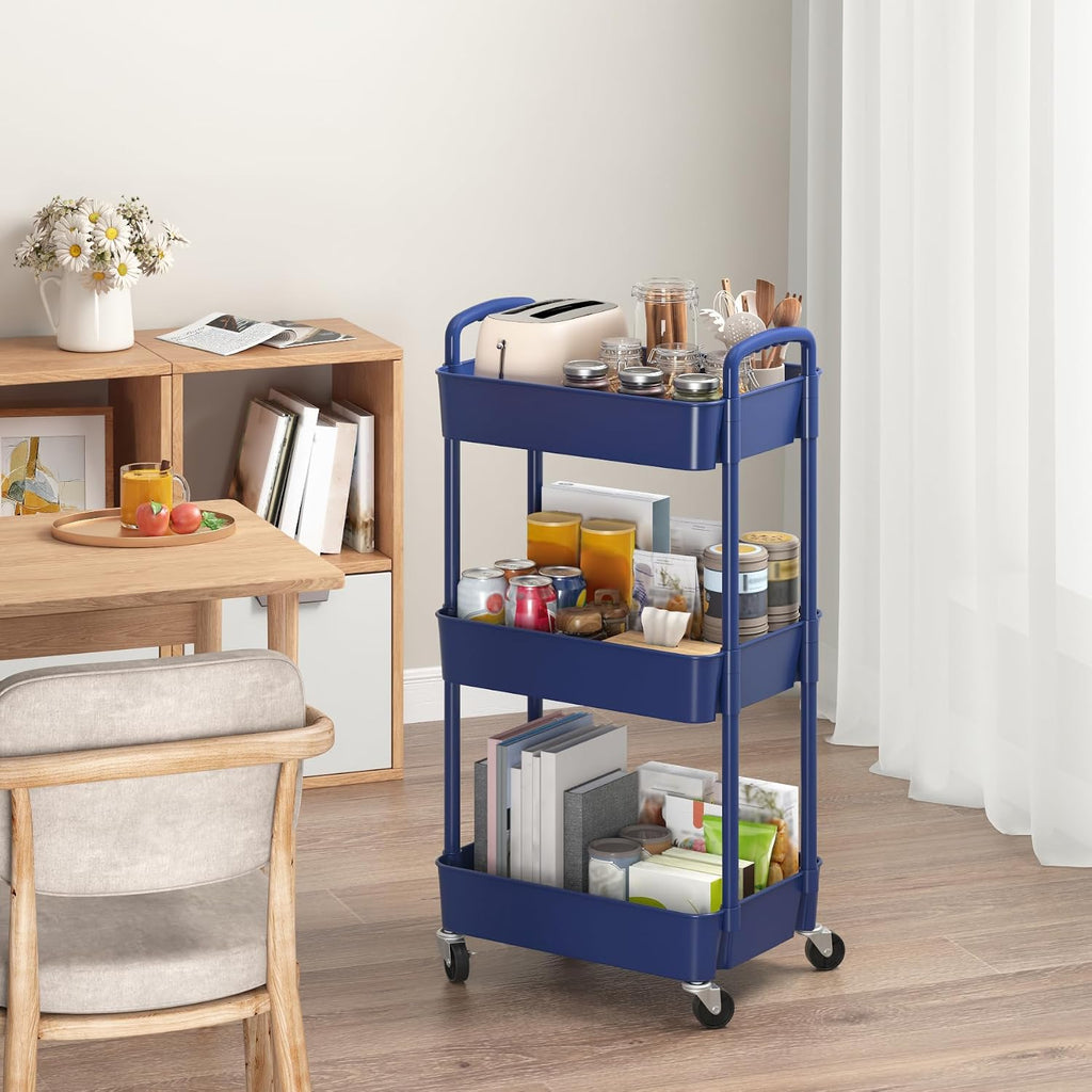 3-Tier Plastic Rolling Utility Cart with Wheels for Storage,Blue