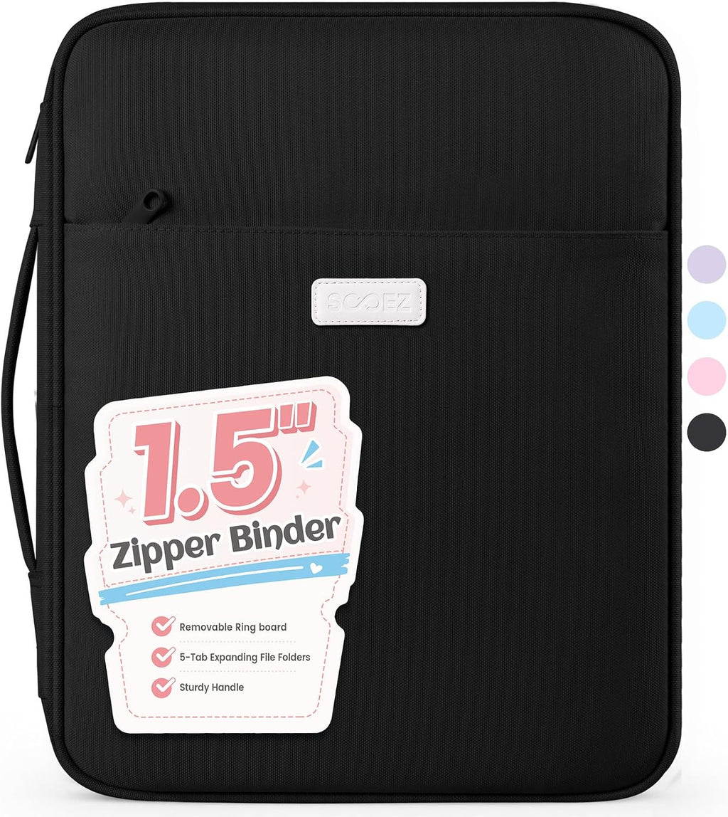 Zipper Binder Bag, 1.5 Inch Binders 3 Ring O-Ring, 5-Tab Dividers | Expanding File Folder, 650-Sheet Capacity Paper