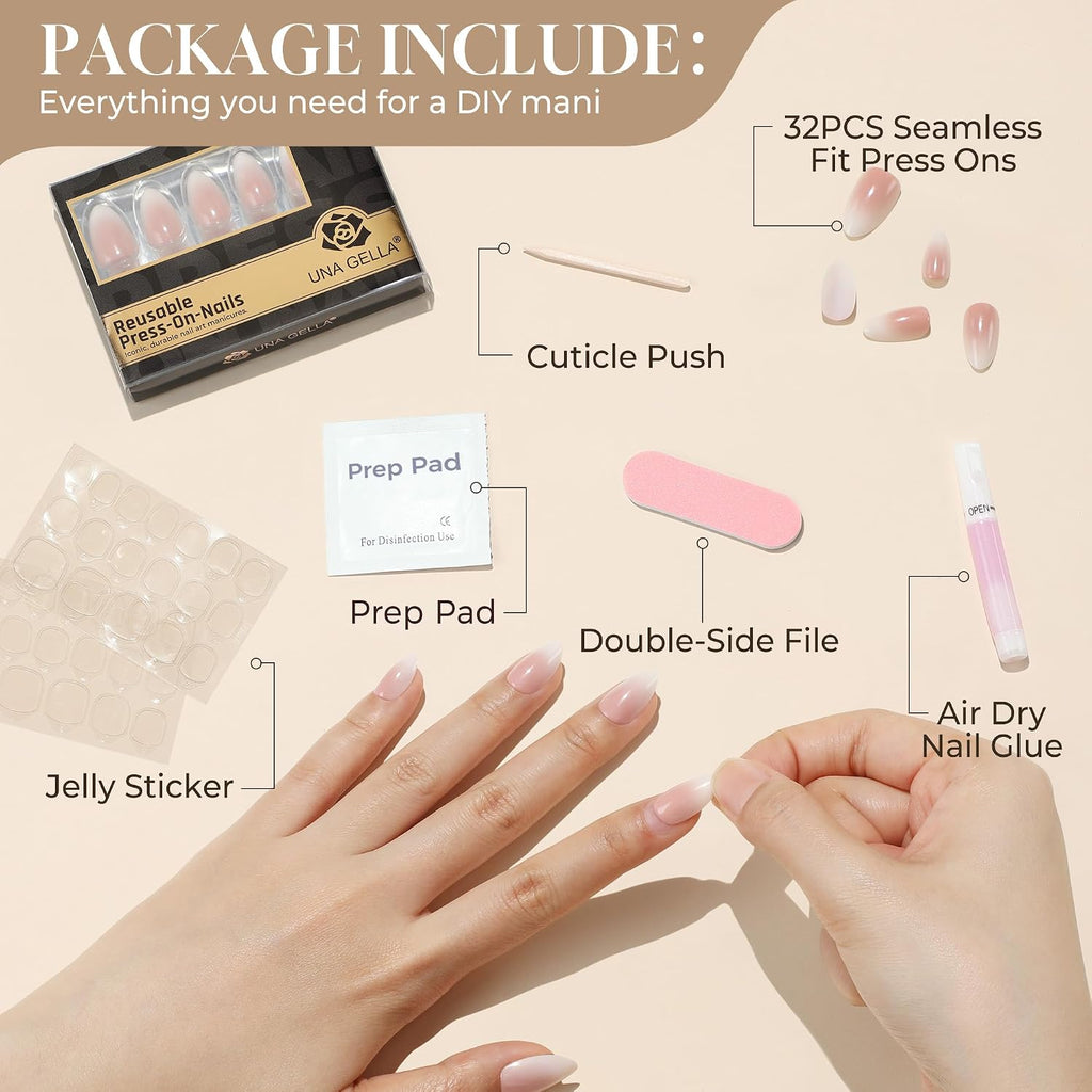 Press On Nails Short Almond: Ombre Soft Gel Press Ons Kit with Nail Tips Glue on Nails, 16 Sizes - 32 Reusable Fake
