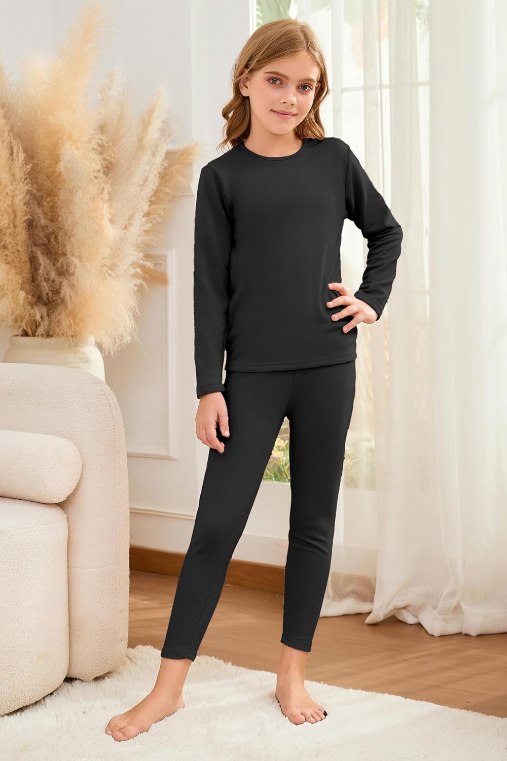 2 Set Girls Thermal Underwear Sets Kids Double-Sided Fleece Lined Long Johns Base Layer Top and Bottom for Cold Weather