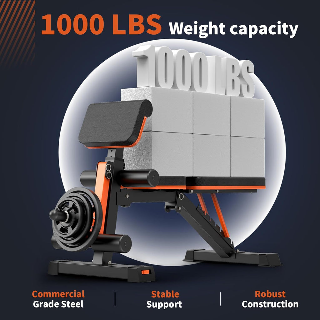 Adjustable Weight Bench - 1000LBS Capacity Heavy Duty Foldable Workout Bench for Full Body Exercise