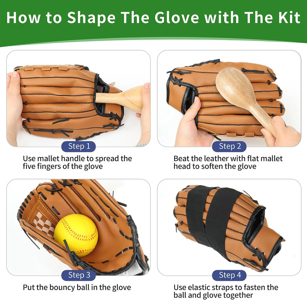 Baseball Glove Break-in kit, One Piece Structure Baseball & Softball Glove Mallet, Glove Wrap Band, Practice Ball