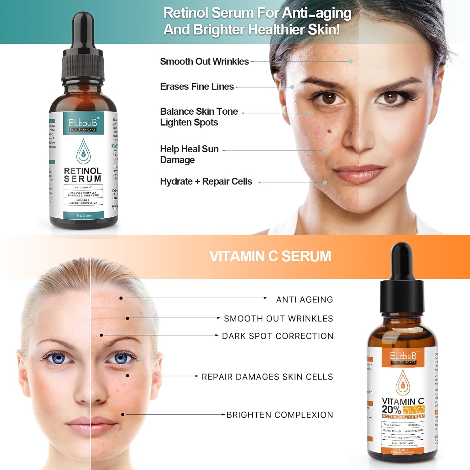 Day-Night Anti Aging Vitamin C Serum Retinol Serum For Face with Retinol & Amino Acids - Boost Skin Collagen,Hydrate