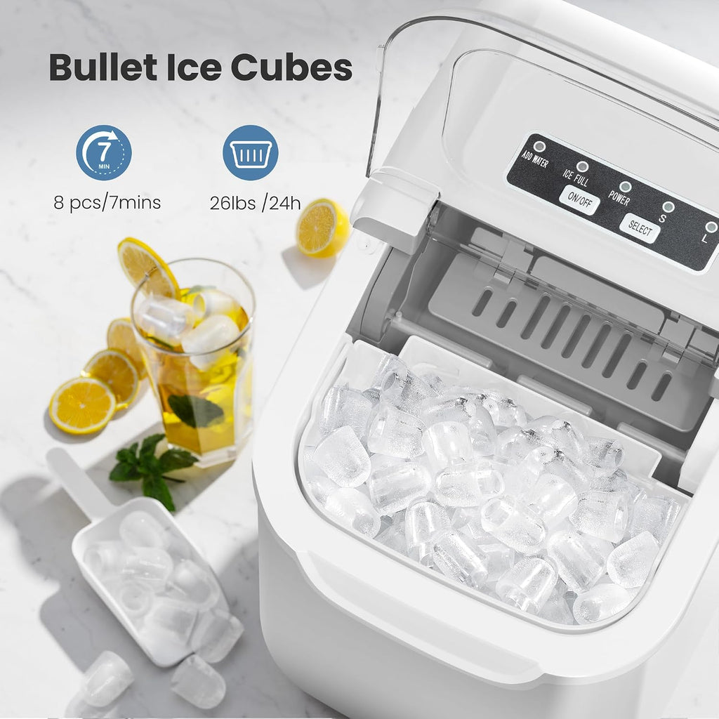 Countertop Ice Maker, 26Lbs/24H,2 Sizes of Ice, Self-Cleaning,White