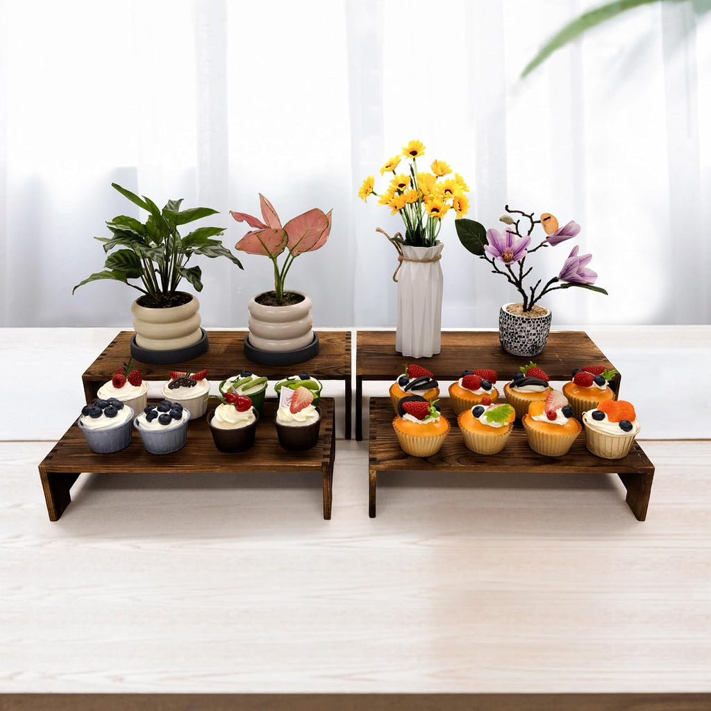 4Pcs Large Display Riser Wood Risers Cupcake Display Stand 2 Tier Racks Rectangular, 2 Set Perfume Decorative Display
