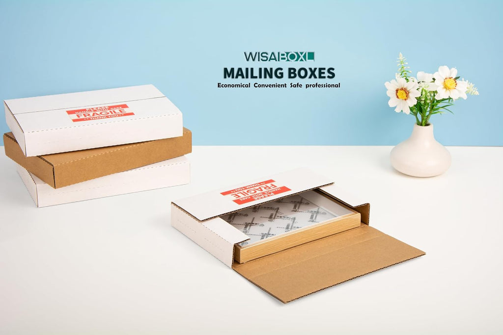 9x6x1.3 inch Shipping Boxes with Fragile Stickers, White, 25-Pack