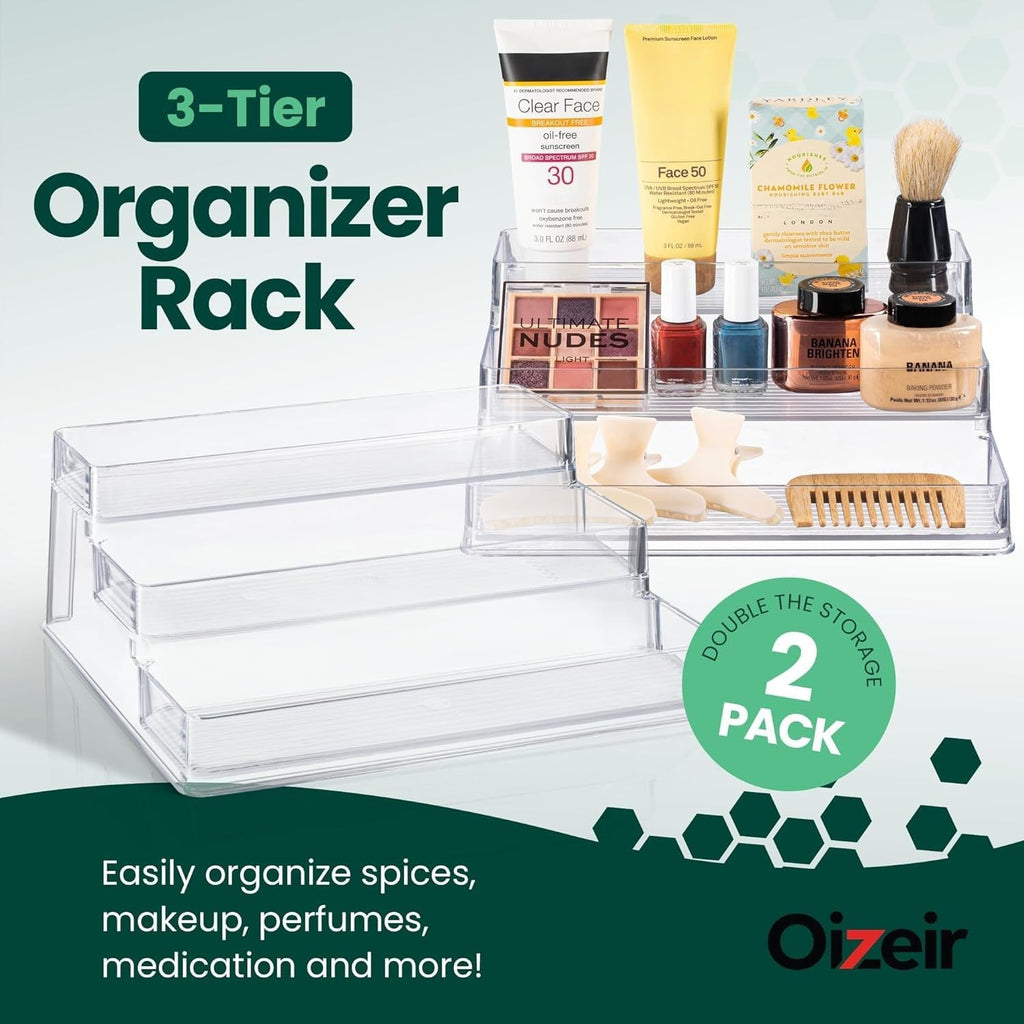 Clear Spice Rack (2-Pack) - 3-Tier Acrylic Organizer for Cabinet - Deep Spice Shelf - 10.4 x 9.6 x 4 Inches - Holds
