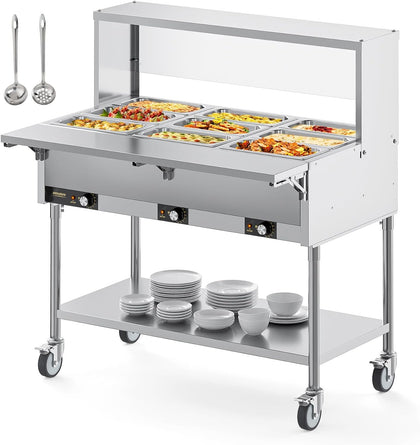 72QT Electric Commercial Food Warmer, 9-Pan Steam Table 8QT/Pan Stainless Steel Bain Marie w/Overshelf Undershelf