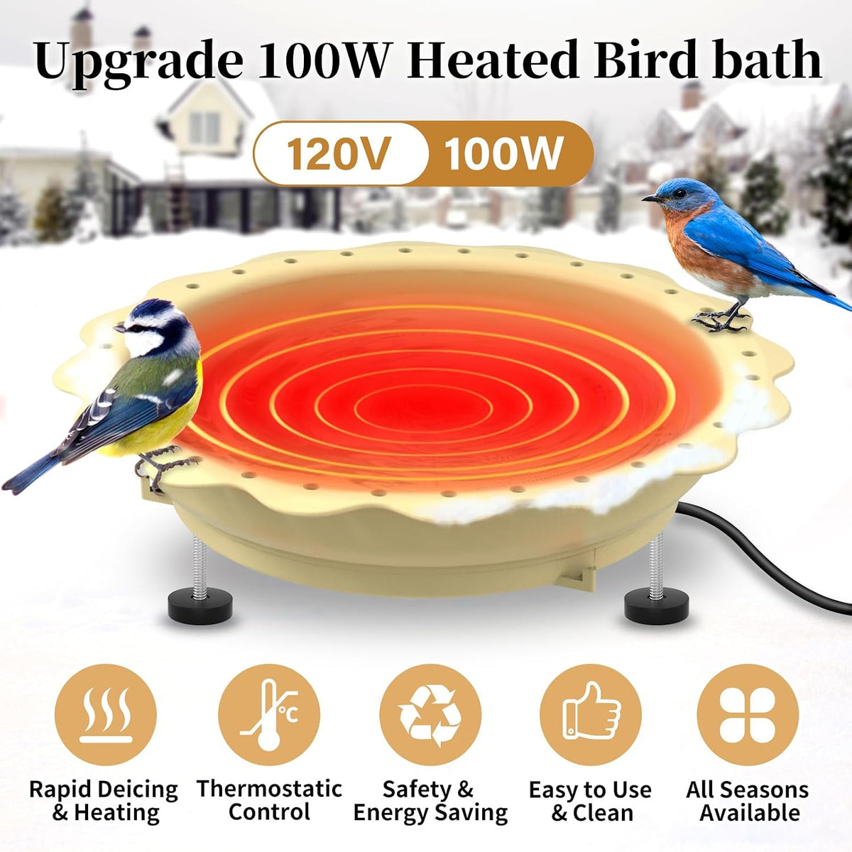 Heated Bird Baths for Outdoors Winter, 100W Heated Birdbath, Khaki
