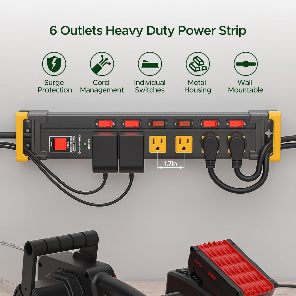6 Outlet Heavy Duty Surge Protector Power Strip with Individual Switches | 3300J Surge Protection, Recessed Switch