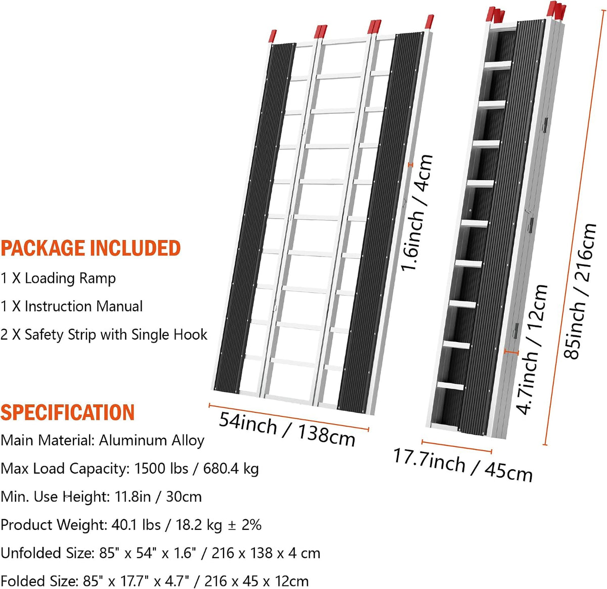 85" x 54" Aluminum Foldable Ramp, Snowmobile Loading Ramp with Wide Glides, Loading Ramps, 1500 LBS Capacity Loading