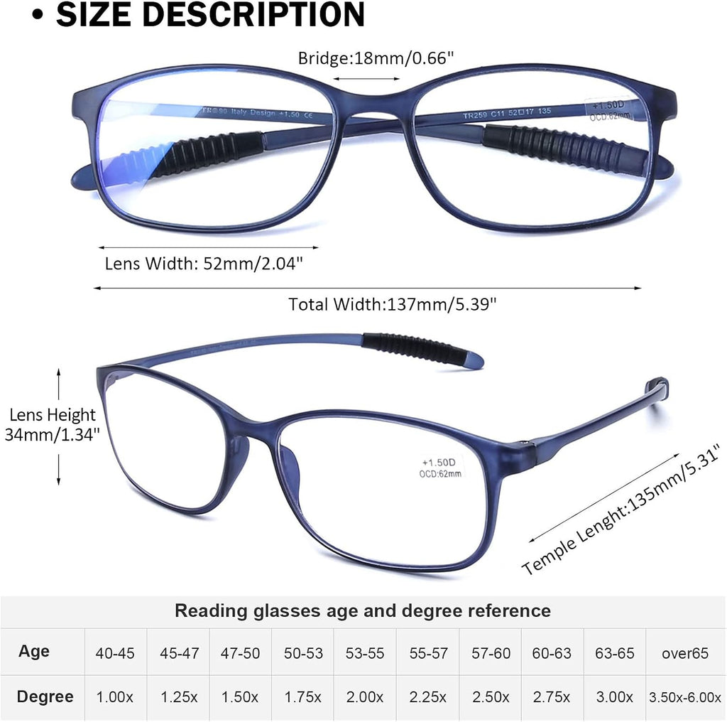 Blue Light Blocking Reading Glasses Women Men, Lightweight Flexible TR90 Computer Readers Unbreakable Cheaters Glasses