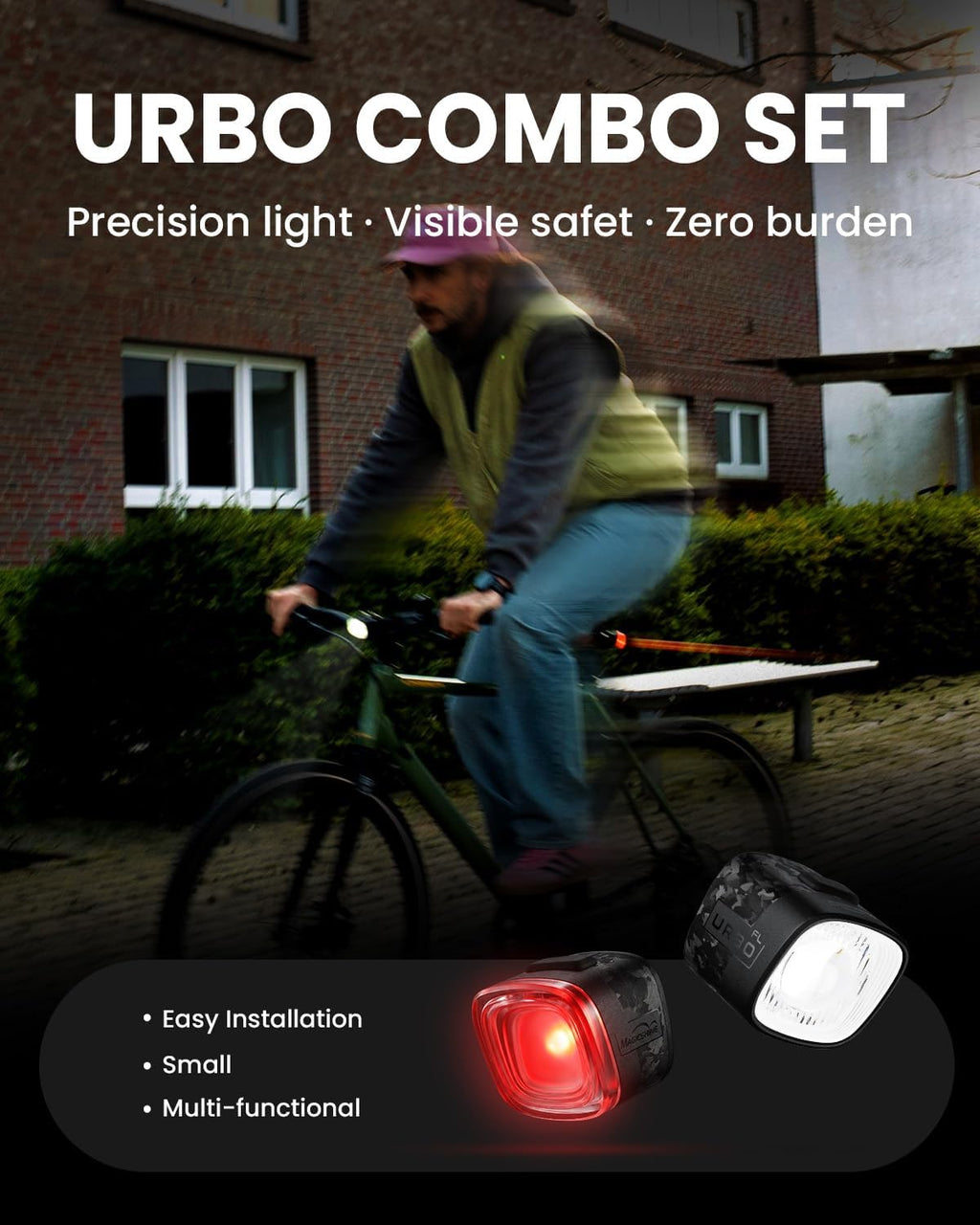 URBO COMBO Bike Lights Front and Back,300LM Headlight &50LM Rear | Cut-Off Bicycle Headlight, Brake Taillight