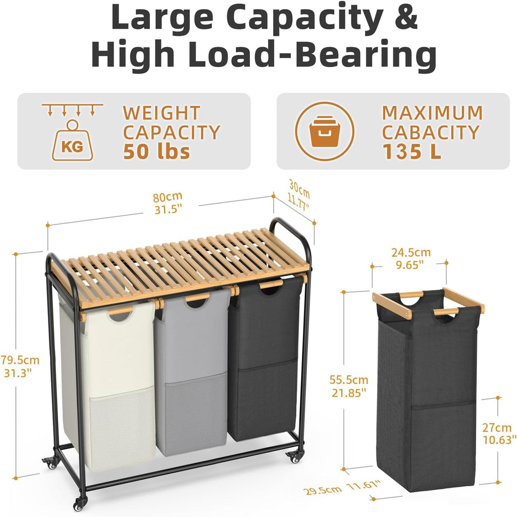 Laundry Hampers 3 Section, Laundry Sorter with Removable Shelf and Pull-Out Bags, Rolling Cart Clothes Hampers Basket
